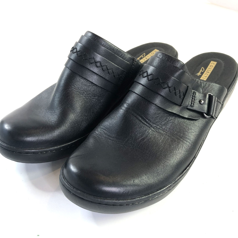 Clarks Collection Womens 10 M Delana Mule Clogs Leather Slip On Black